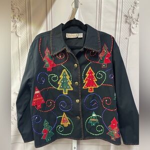 New Directions Vintage Embroidered Christmas Holiday Trees Jacket M